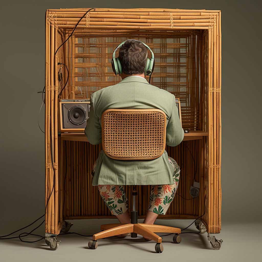 Eric seated inside his voice-over recording booth